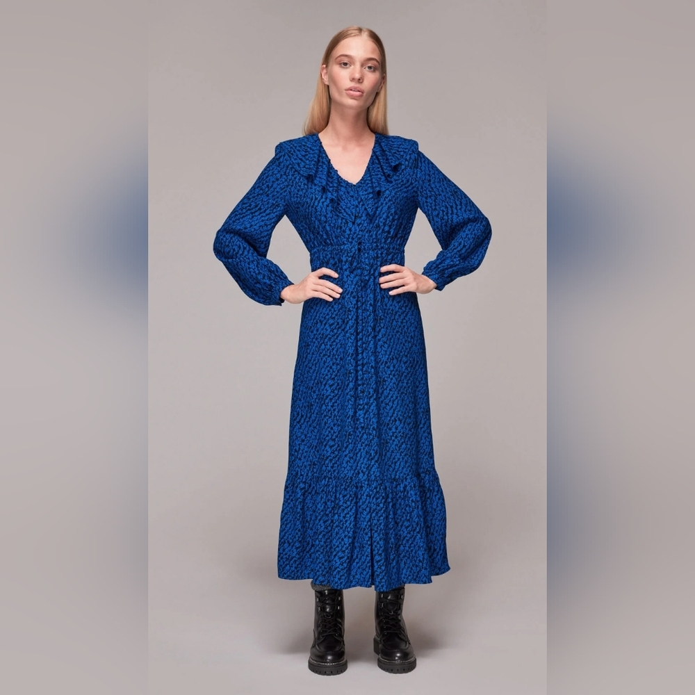 Whistles Diagonal Blue Texture Print Maxi Dress Size 10 Ruffle Office Frilled